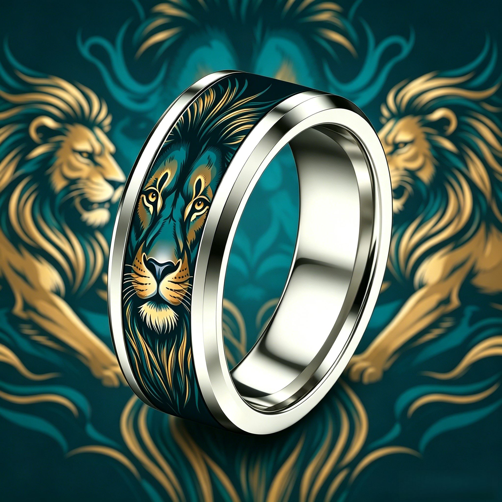 Deep Green Gilded Lion Head Stainless Steel Ring